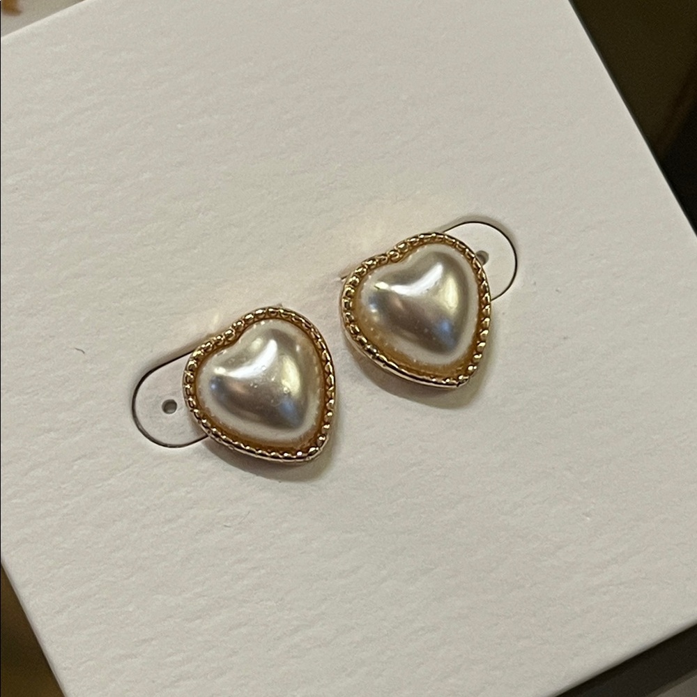 Gold Pearl Heart Stud Earrings